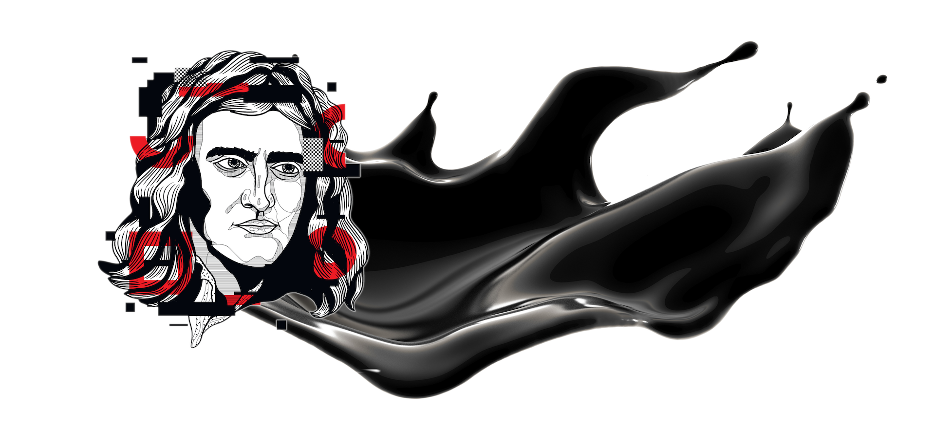 Kolaż głowa Newtona na czarnej plamie rozlanej farby.