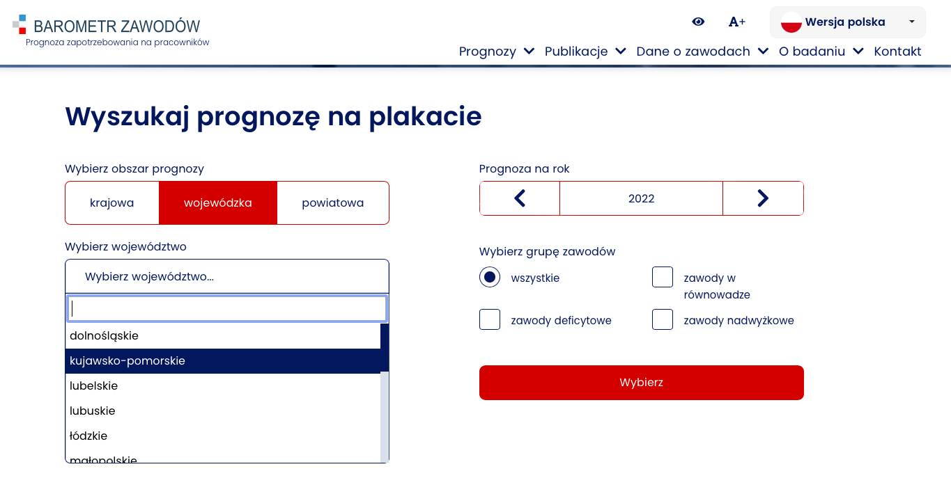 Widok sekcji prognoza województwa na stronie barometrzawodow.pl
