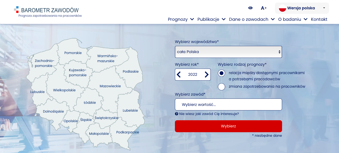 Widok strony internetowej baroametrzawodow.pl. Widoczna mapa Polski